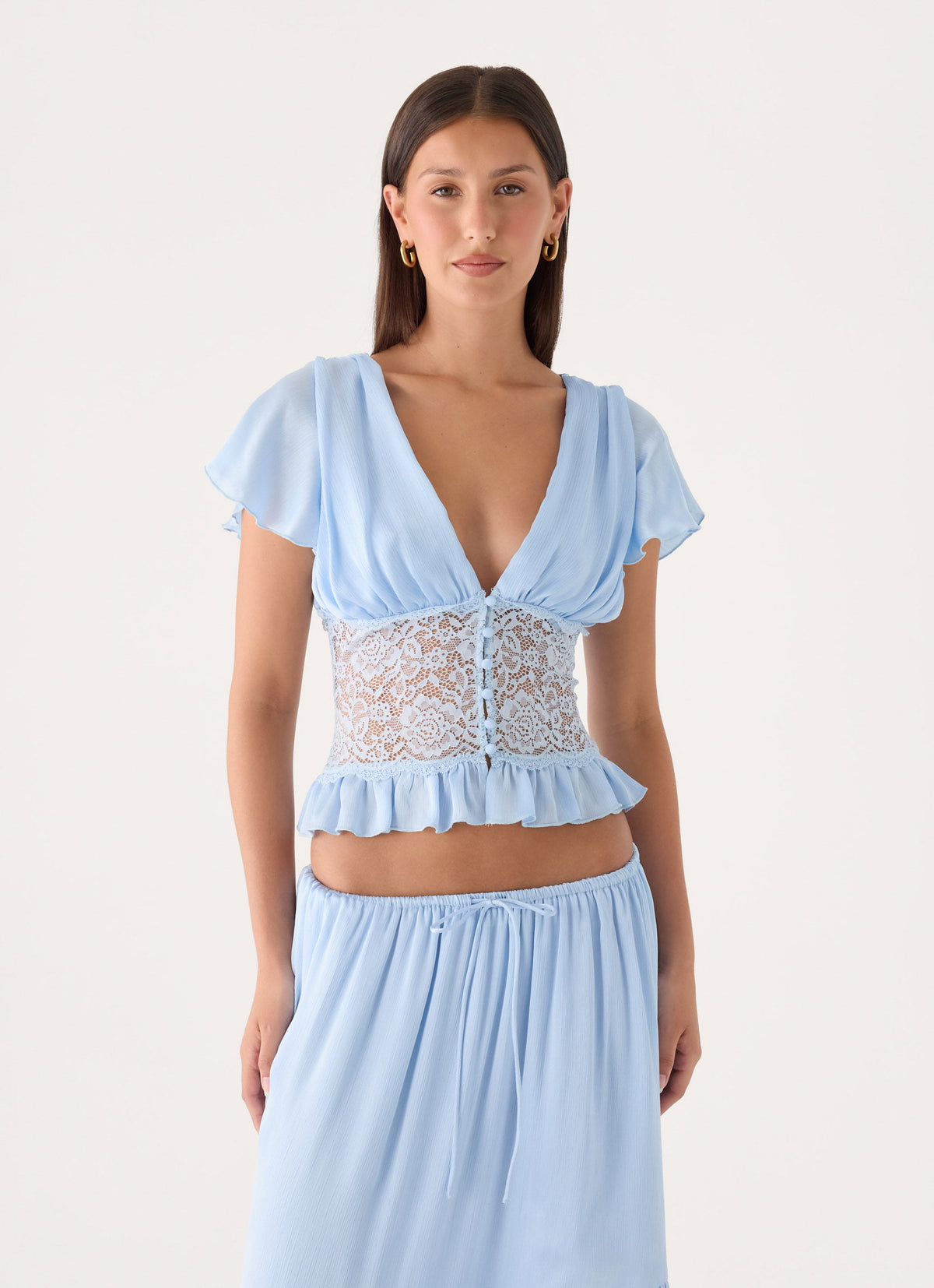 Morino Lace Button Up Top - Blue