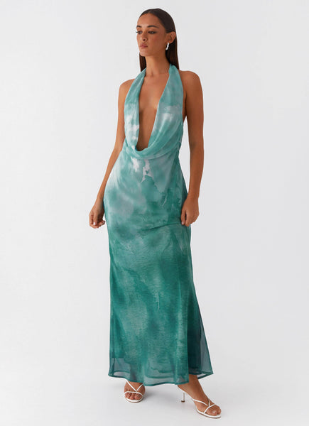 パーティードレス Darci Tie-Neck Silk Gown Nerissa Cowl Neck Maxi Dress - Green Tie Dye – Peppermayo Canada