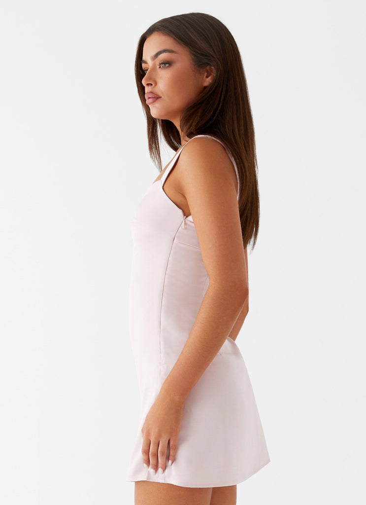 Womens Odette Satin Mini Dress in the colour Pink in front of a light grey background