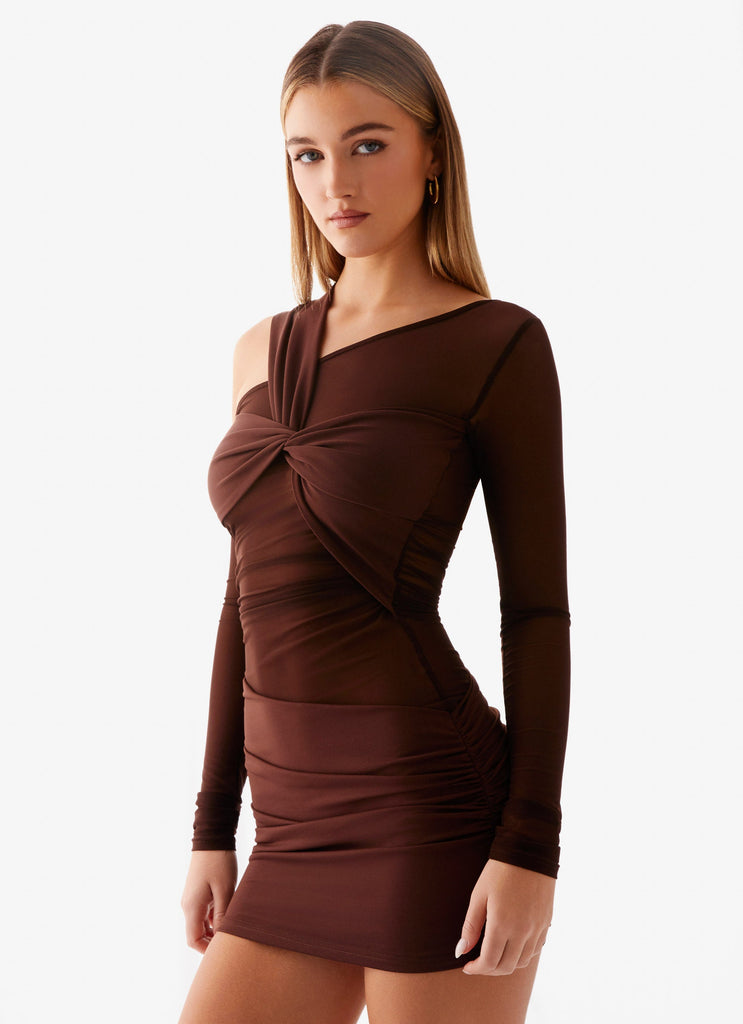 Ophelie Asymmetric Long Sleeve Mini Dress - Chocolate