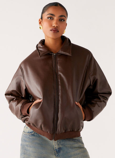 Outlands Faux Leather Bomber Jacket - Chocolate – Peppermayo Canada