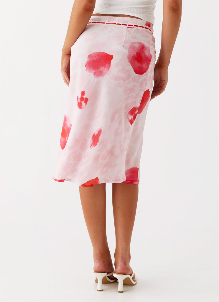 Womens Peony Quartz Midi Skirt in the colour Pink Poppy in front of a light grey background