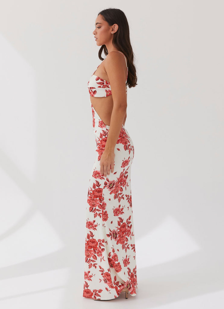 Womens Rosie Satin Maxi Dress in the colour Rosa Floria in front of a light grey background