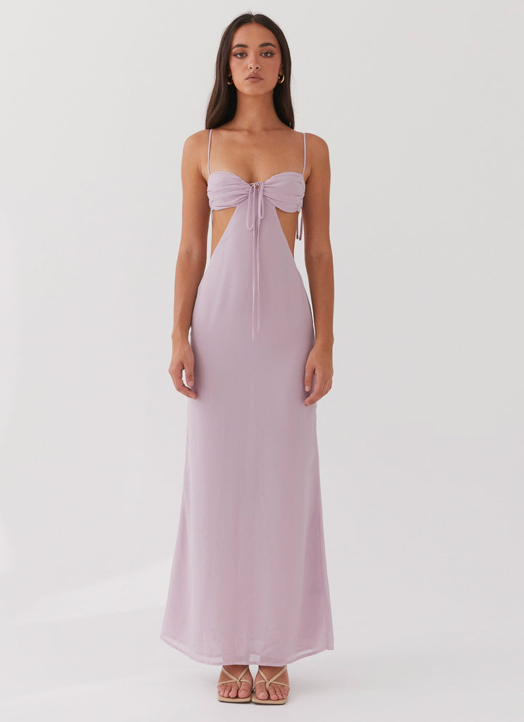 Womens Tyra Ruched Maxi Dress in the colour Lavender in front of a light grey background