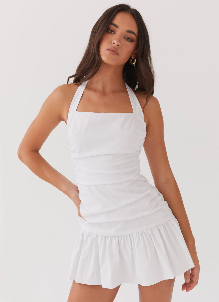 Womens Cely Ruched Mini Dress in the colour White in front of a light grey background