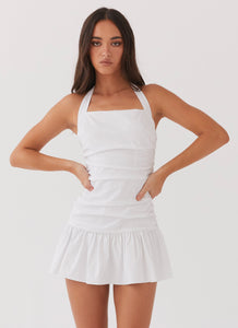 Womens Cely Ruched Mini Dress in the colour White in front of a light grey background