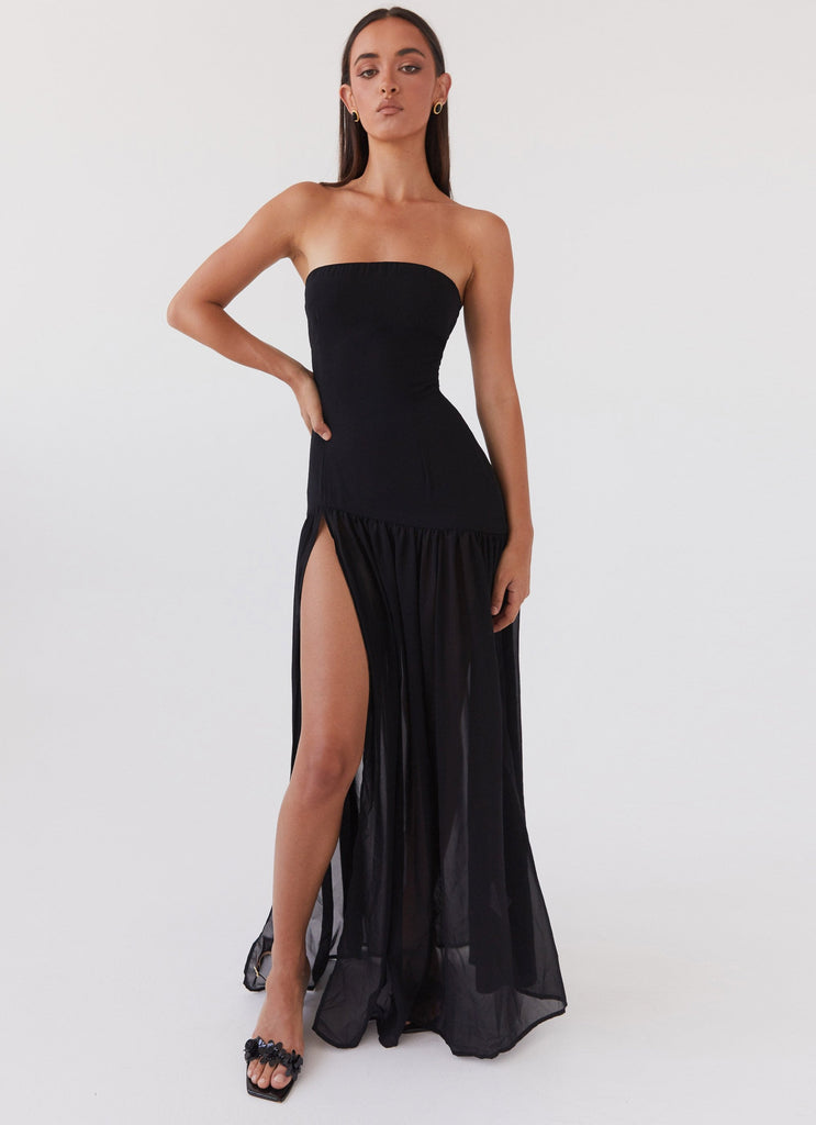 Womens Eden Strapless Maxi Dress in the colour Black in front of a light grey background