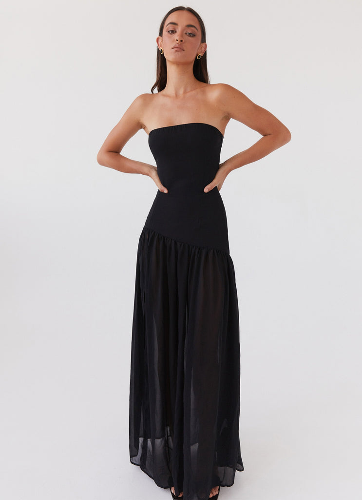 Womens Eden Strapless Maxi Dress in the colour Black in front of a light grey background