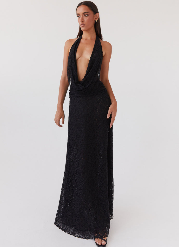 Womens Elysia Lace Maxi Dress in the colour Black in front of a light grey background