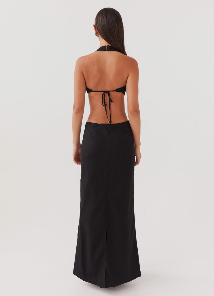 Womens Swaying Palms Maxi Dress in the colour Black in front of a light grey background