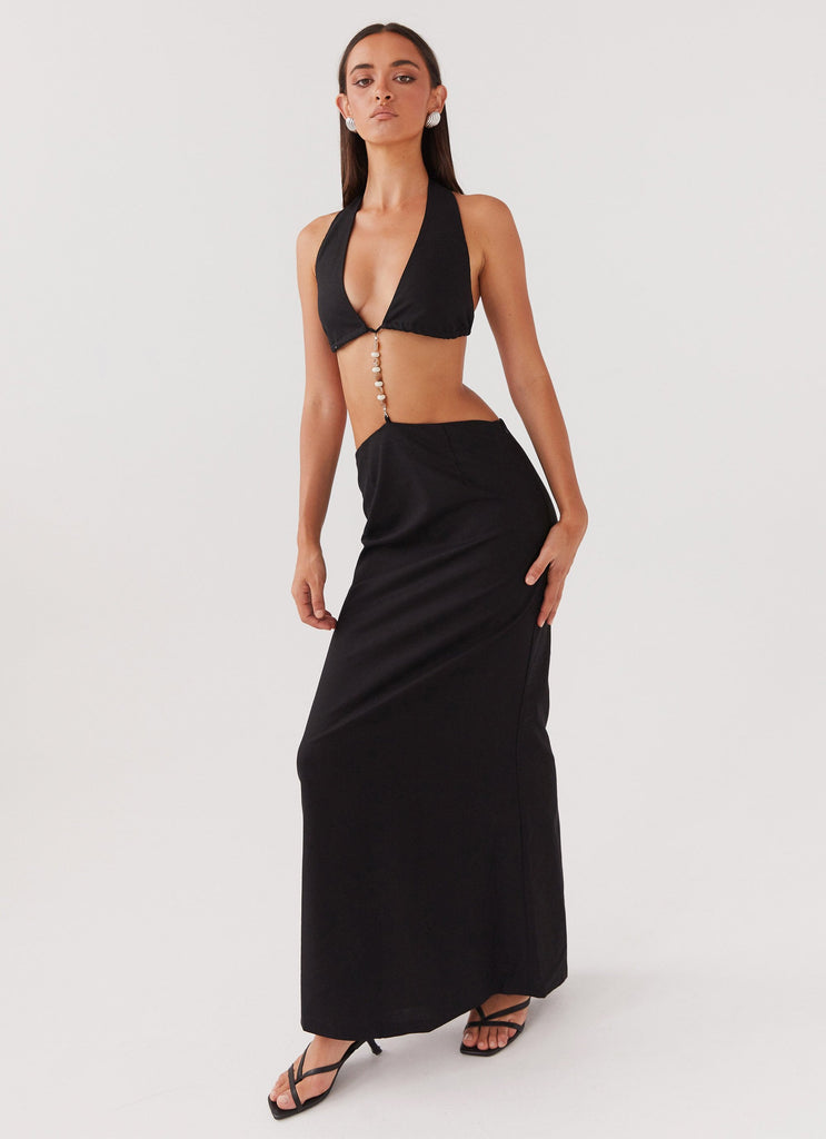 Womens Swaying Palms Maxi Dress in the colour Black in front of a light grey background