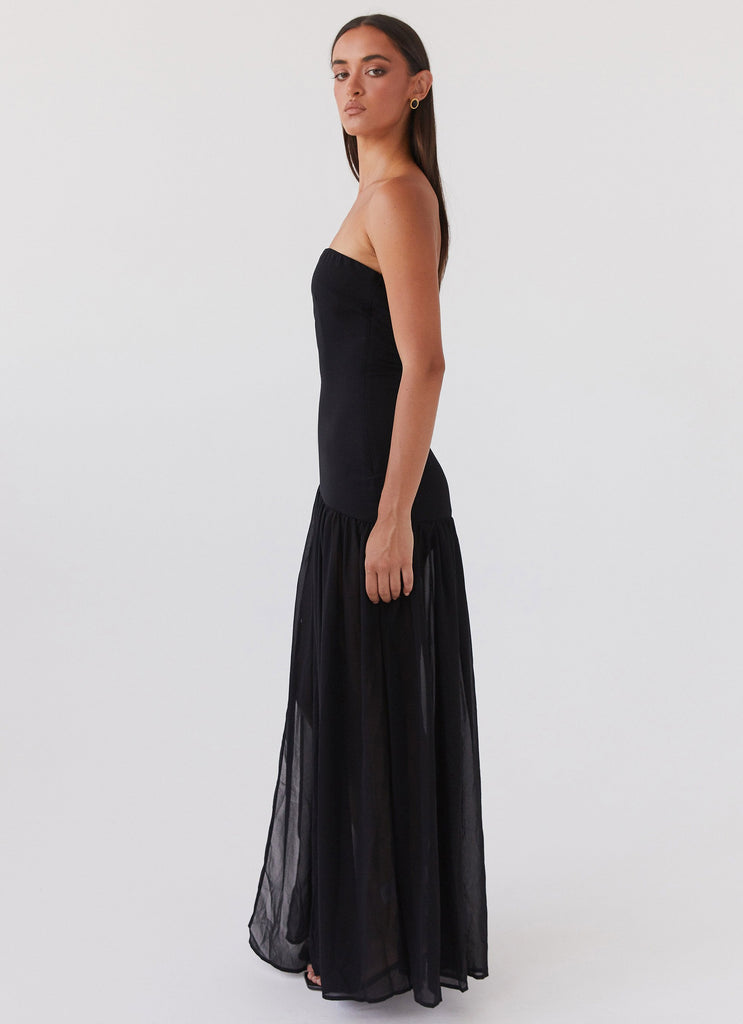 Womens Eden Strapless Maxi Dress in the colour Black in front of a light grey background