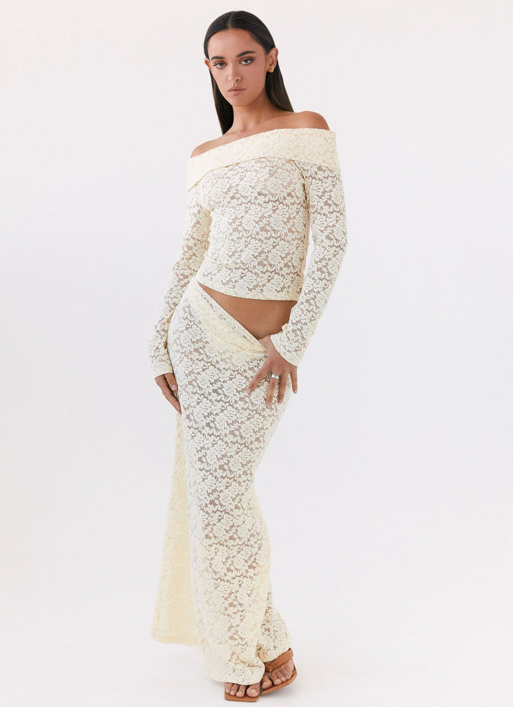 Womens Zephyra Lace Maxi Skirt in the colour Natural in front of a light grey background