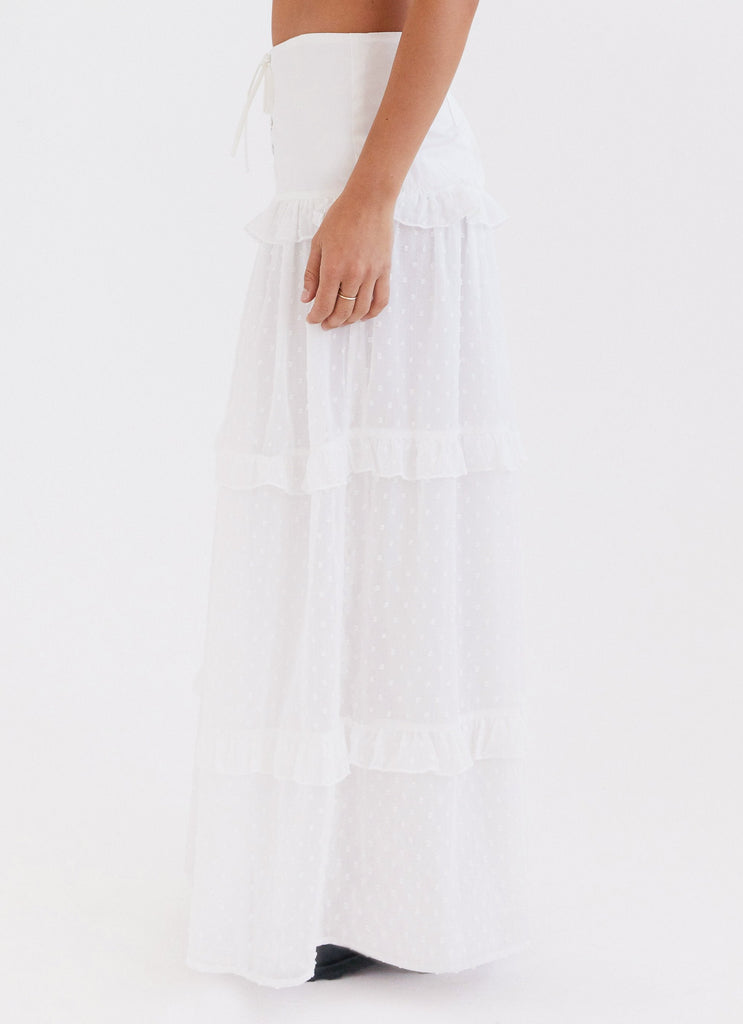 Womens Esmeralda Maxi Skirt in the colour White in front of a light grey background