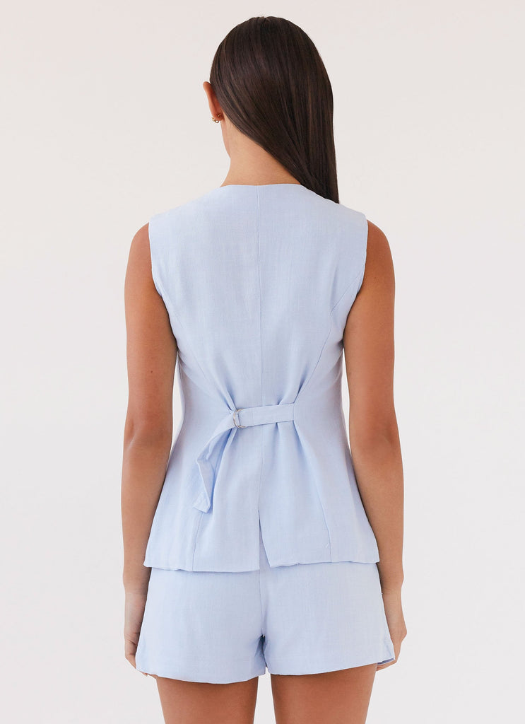 Womens Born For Bordeaux Linen Vest in the colour Blue in front of a light grey background