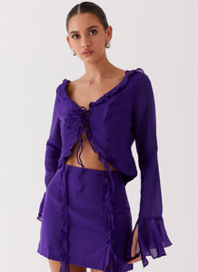 Womens My Favourite Part Blouse in the colour Violet in front of a light grey background