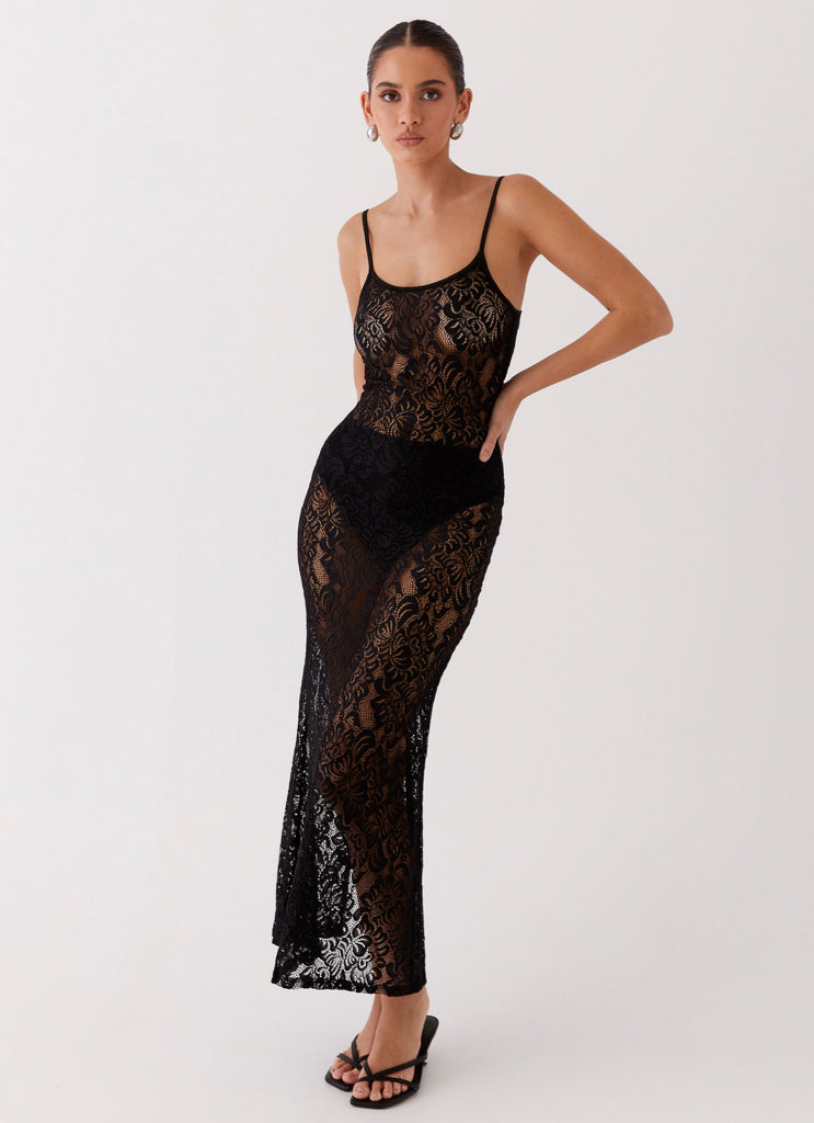 Womens Leona Lace Maxi Dress in the colour Black in front of a light grey background