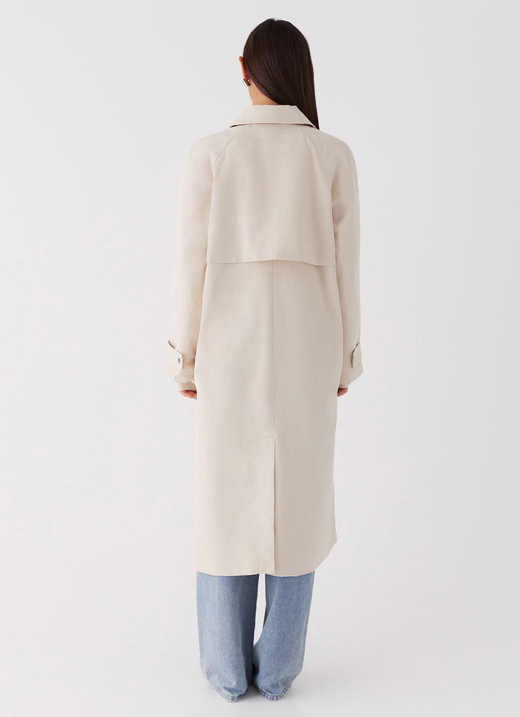 Womens Fill The Void Oversized Trench Coat in the colour Ivory in front of a light grey background