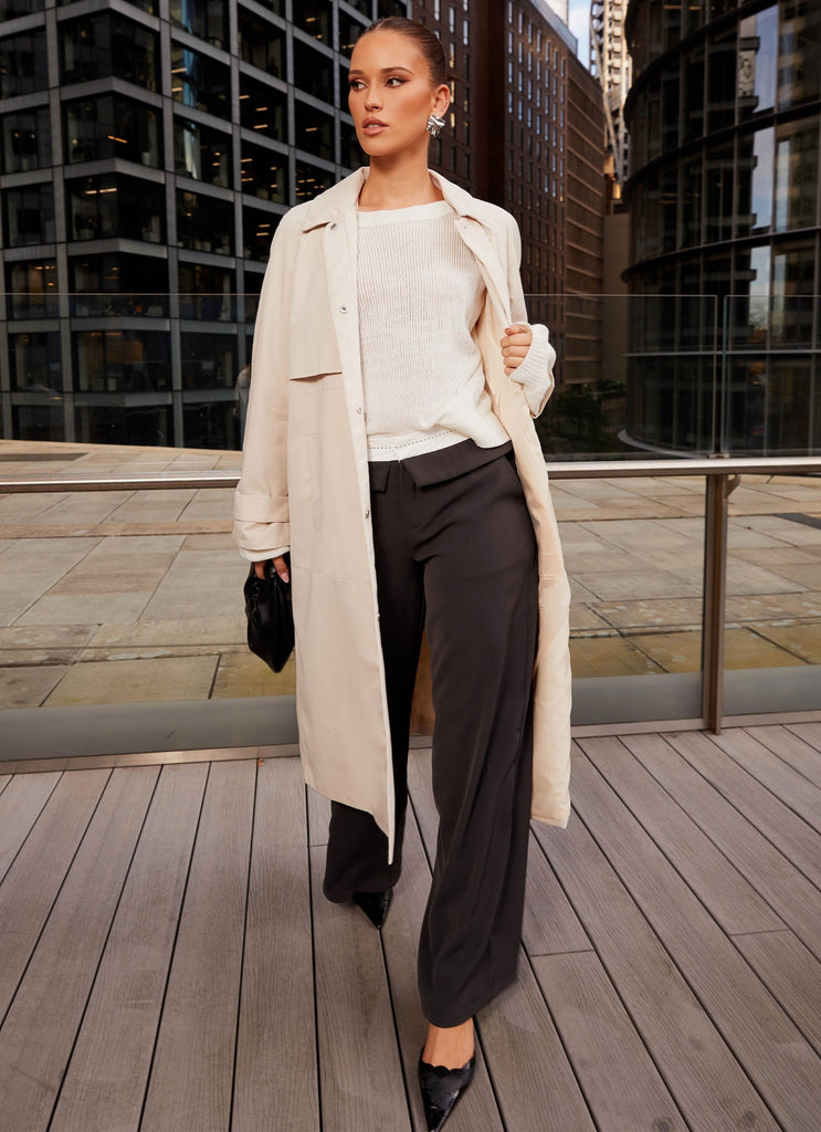 Womens Fill The Void Oversized Trench Coat in the colour Ivory in front of a light grey background