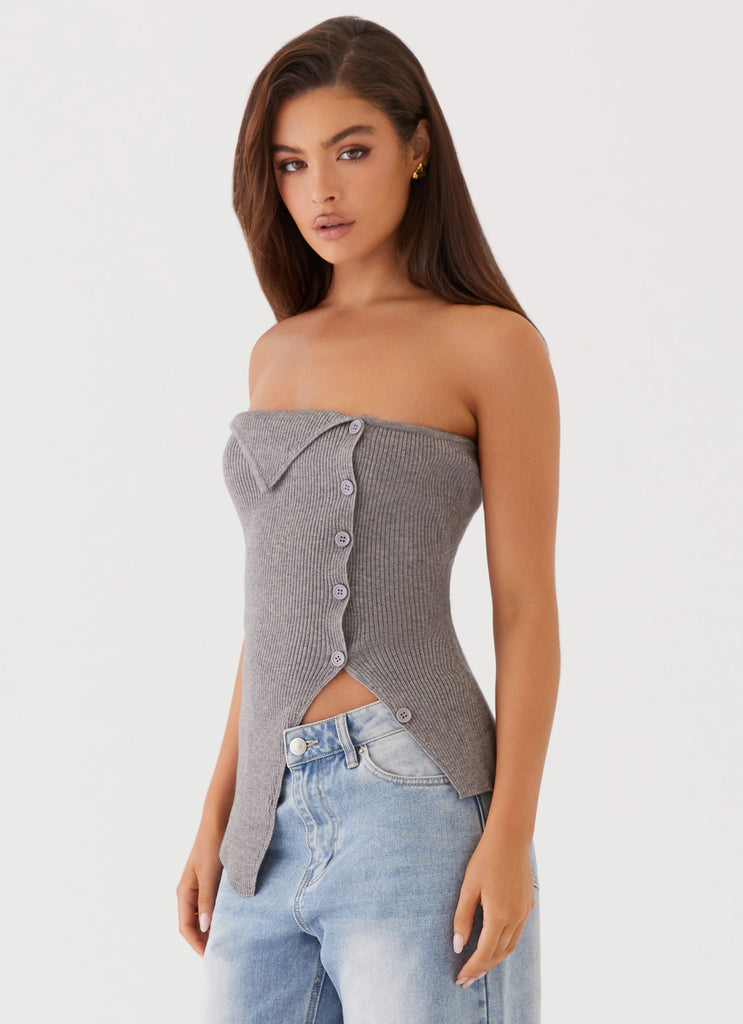 Womens Evarie Strapless Knit Top in the colour Charcoal in front of a light grey background