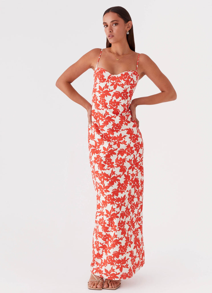 Womens Forbidden Floral Bustier Maxi Dress in the colour Red Floral in front of a light grey background