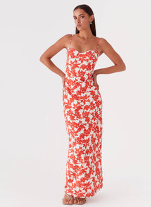 Womens Forbidden Floral Bustier Maxi Dress in the colour Red Floral in front of a light grey background