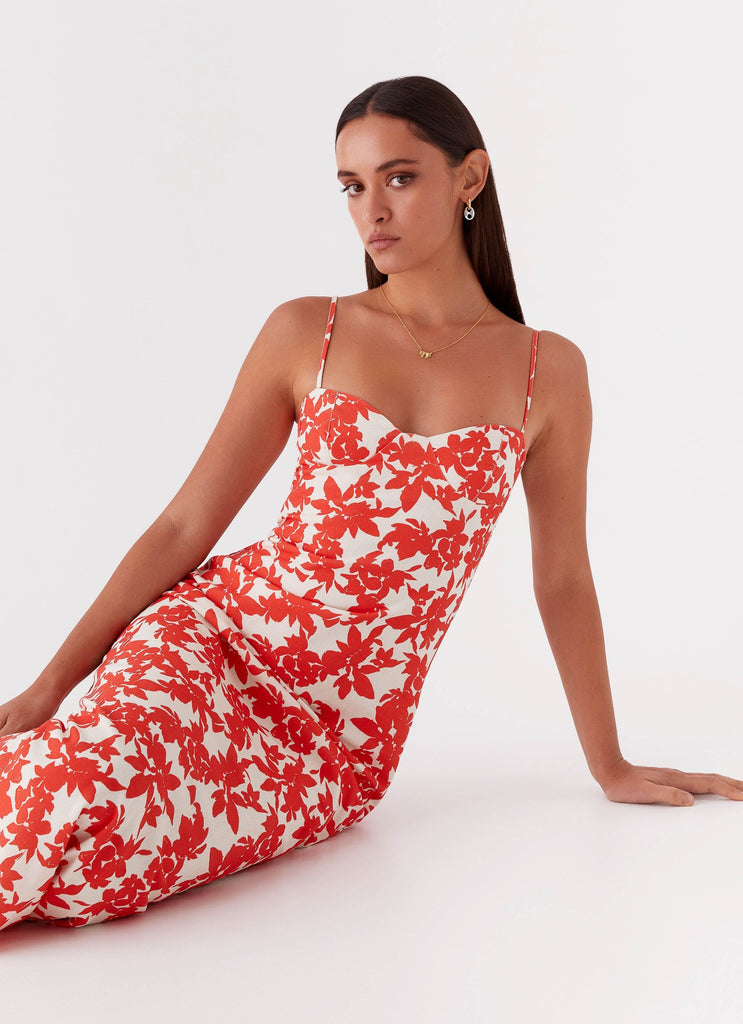 Womens Forbidden Floral Bustier Maxi Dress in the colour Red Floral in front of a light grey background