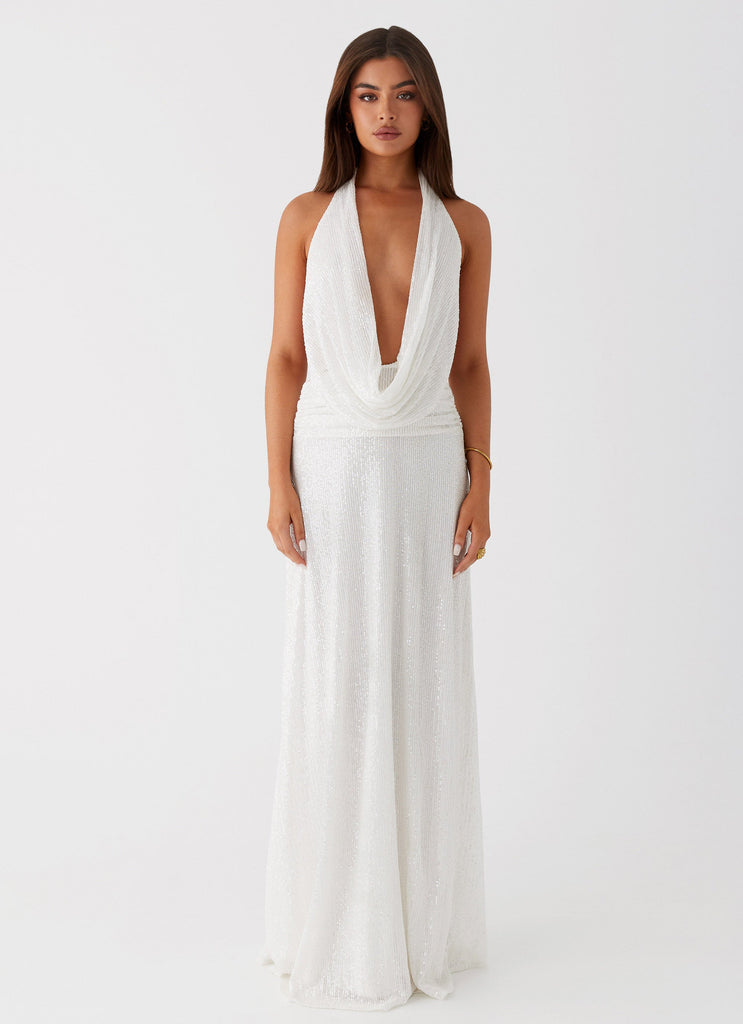 Womens Elysia Sequin Maxi Dress in the colour White in front of a light grey background