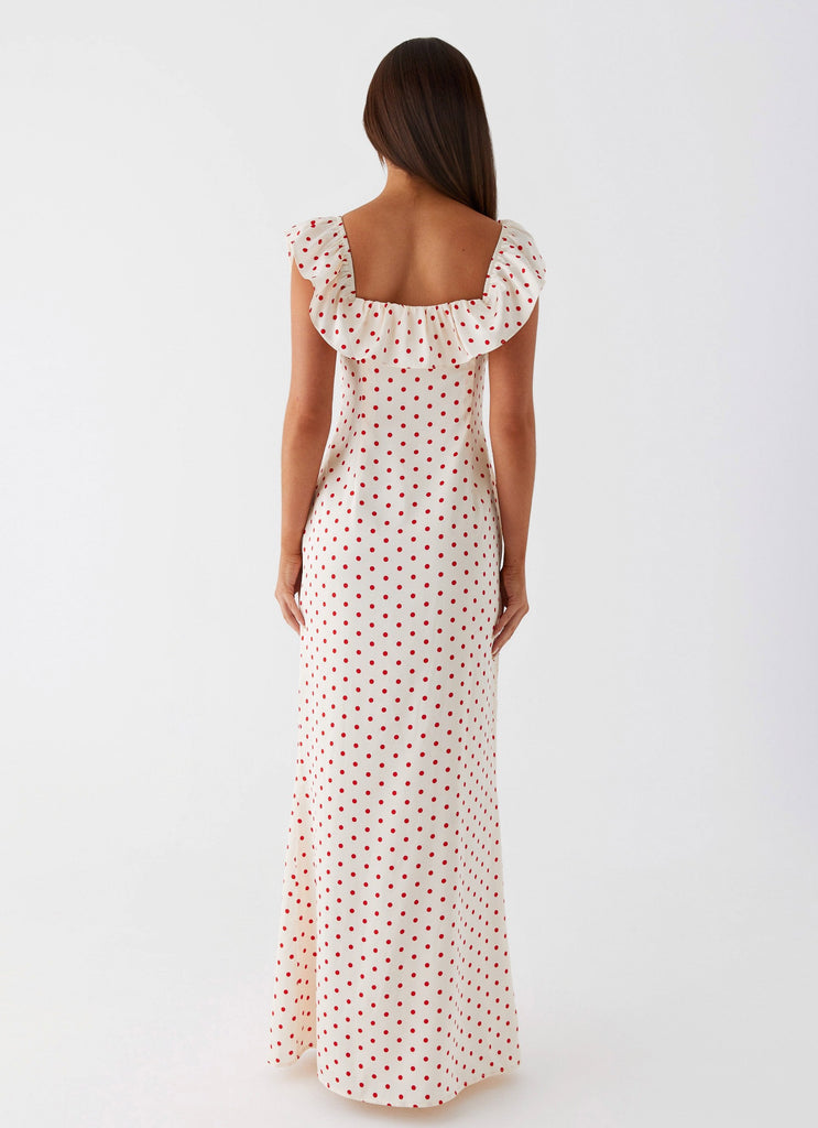 Womens Scarlet Cherry Maxi Dress in the colour Red Polka Dot in front of a light grey background