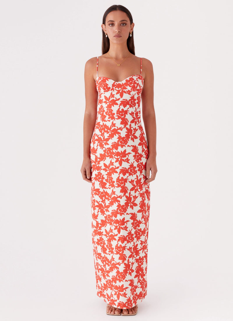 Womens Forbidden Floral Bustier Maxi Dress in the colour Red Floral in front of a light grey background