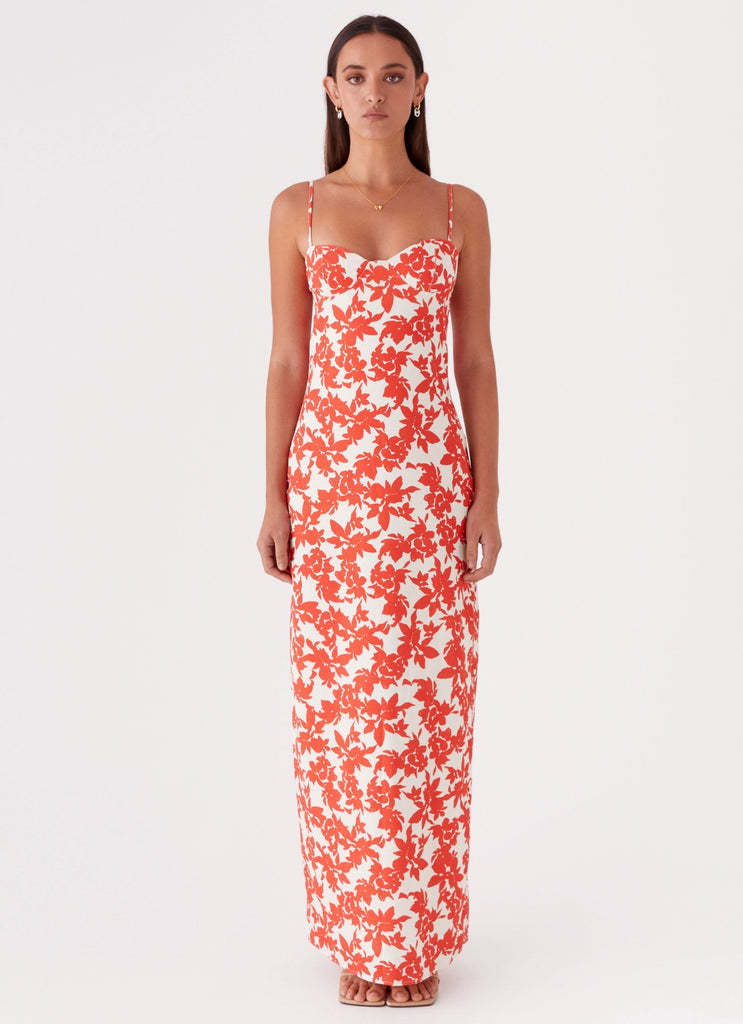Womens Forbidden Floral Bustier Maxi Dress in the colour Red Floral in front of a light grey background