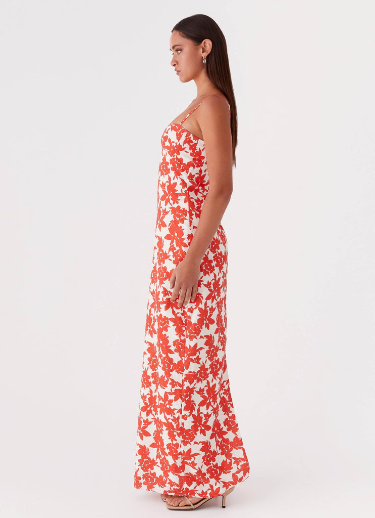 Womens Forbidden Floral Bustier Maxi Dress in the colour Red Floral in front of a light grey background