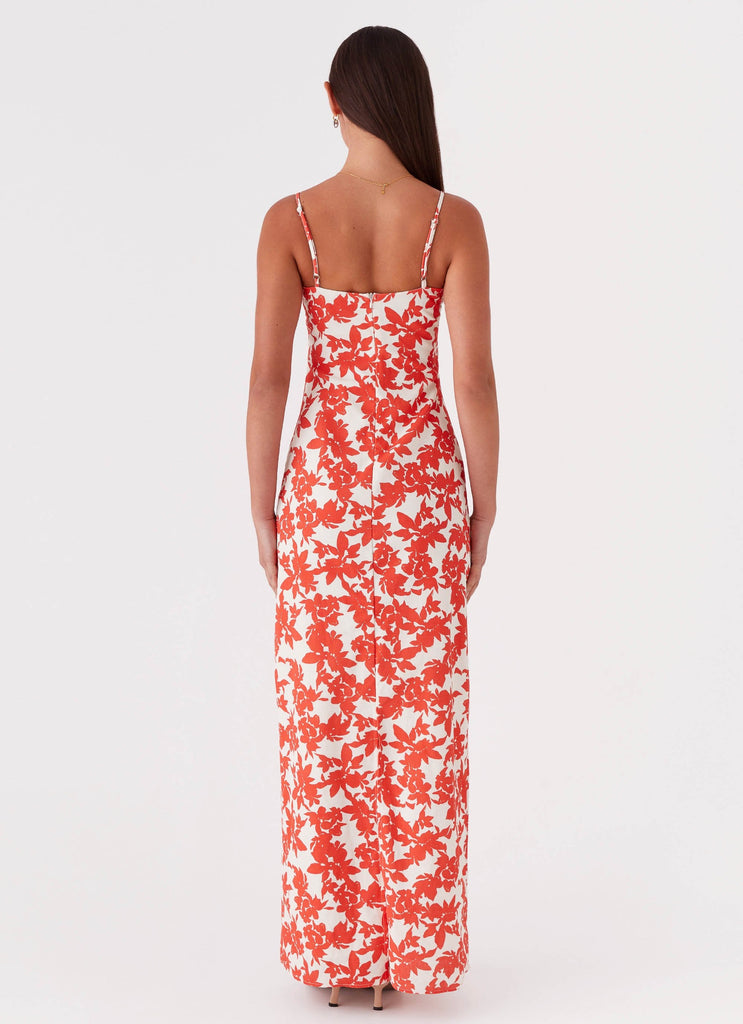 Womens Forbidden Floral Bustier Maxi Dress in the colour Red Floral in front of a light grey background