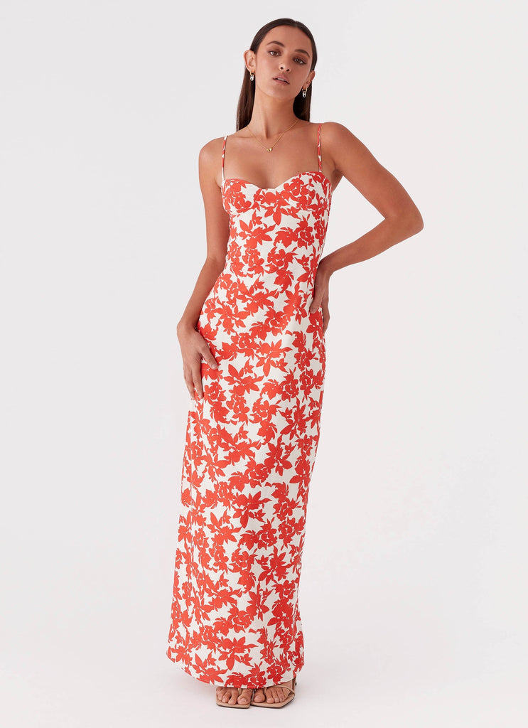Womens Forbidden Floral Bustier Maxi Dress in the colour Red Floral in front of a light grey background