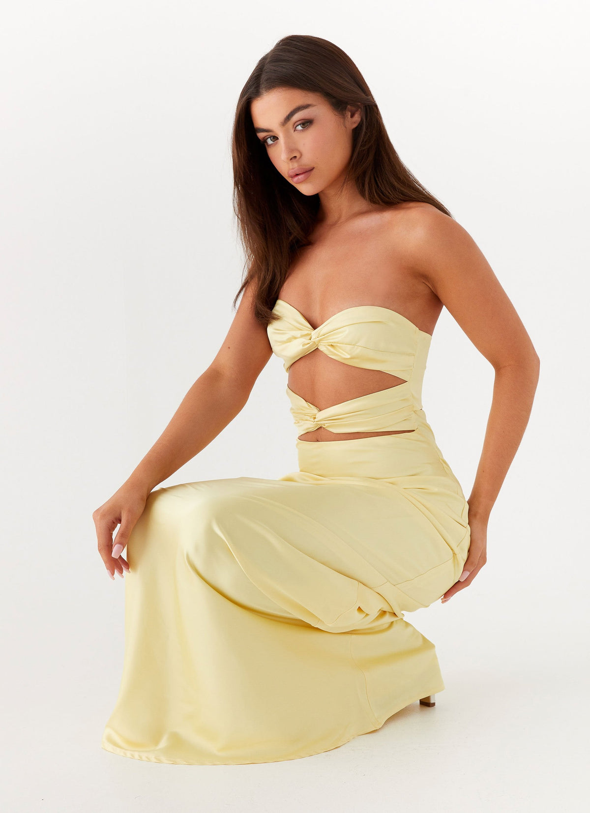 Womens Tianna Strapless Maxi Dress in the colour Yellow in front of a light grey background
