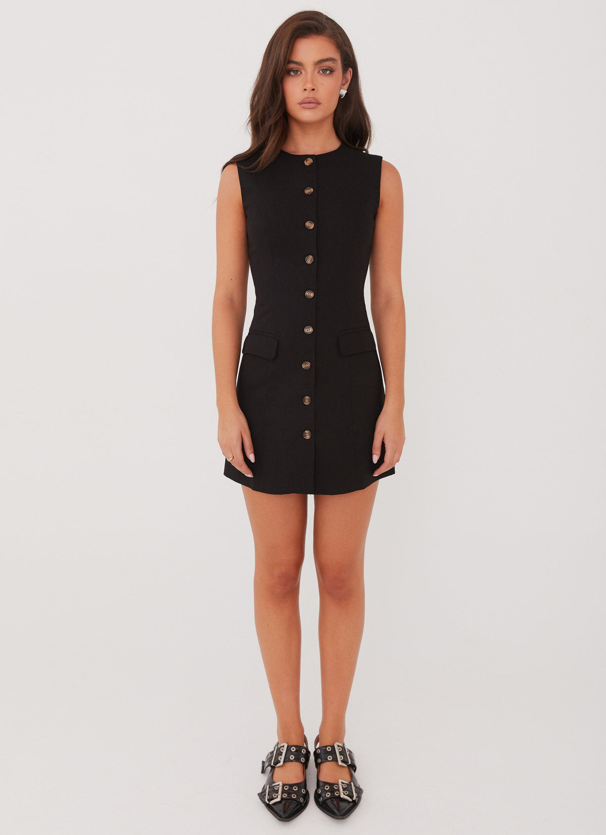 Womens Castello Fiore Linen Mini Dress in the colour Black in front of a light grey background
