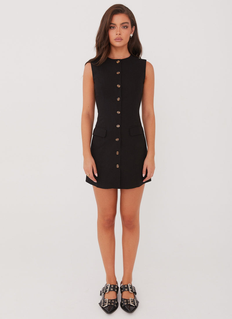 Womens Castello Fiore Linen Mini Dress in the colour Black in front of a light grey background
