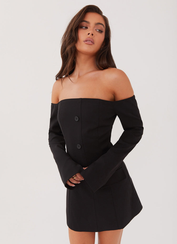 Womens Dominique Blazer Mini Dress in the colour Black in front of a light grey background