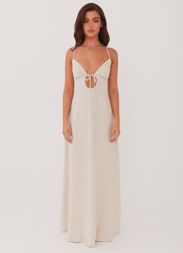 Womens Flora Linen Maxi Dress in the colour Oatmeal in front of a light grey background