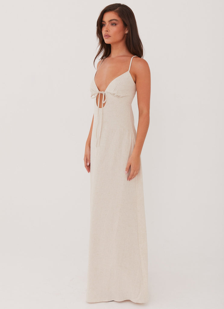 Womens Flora Linen Maxi Dress in the colour Oatmeal in front of a light grey background