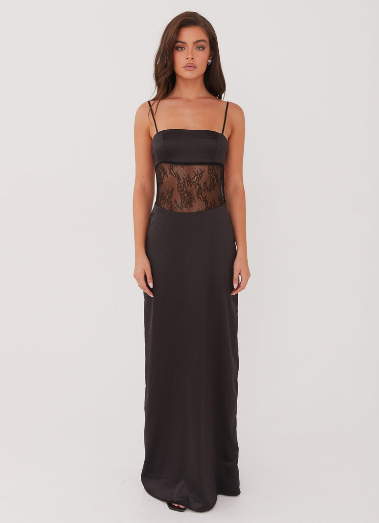 Womens Palais Royale Lace Maxi Dress in the colour Black in front of a light grey background