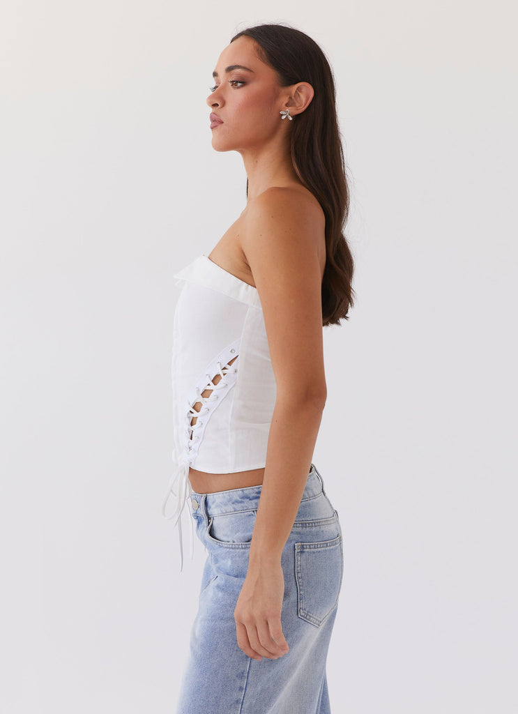 Womens Be My Soulmate Bustier Top in the colour White in front of a light grey background