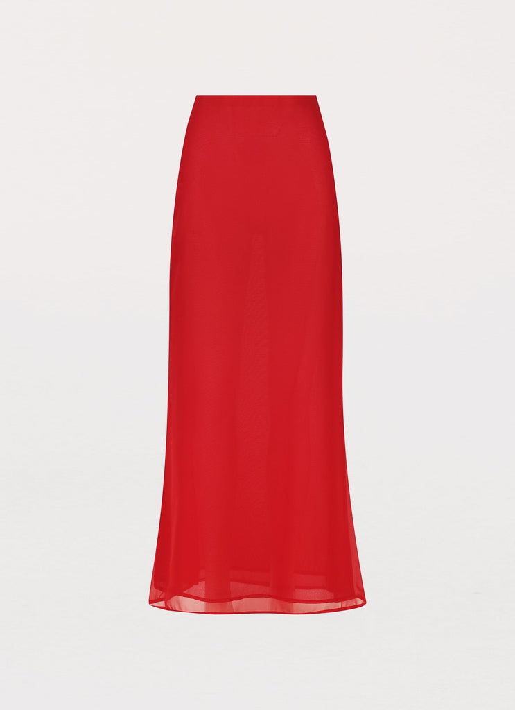 Womens Nightfall Maxi Skirt in the colour Rouge Red in front of a light grey background