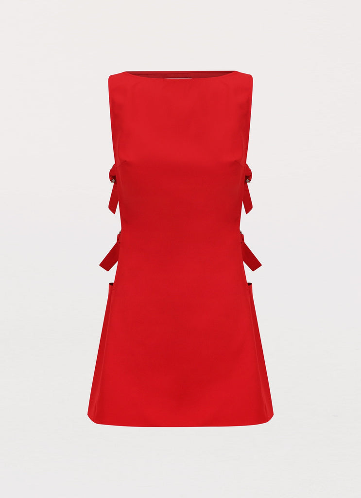 Womens Cherish You Buckle Mini Dress in the colour Red in front of a light grey background