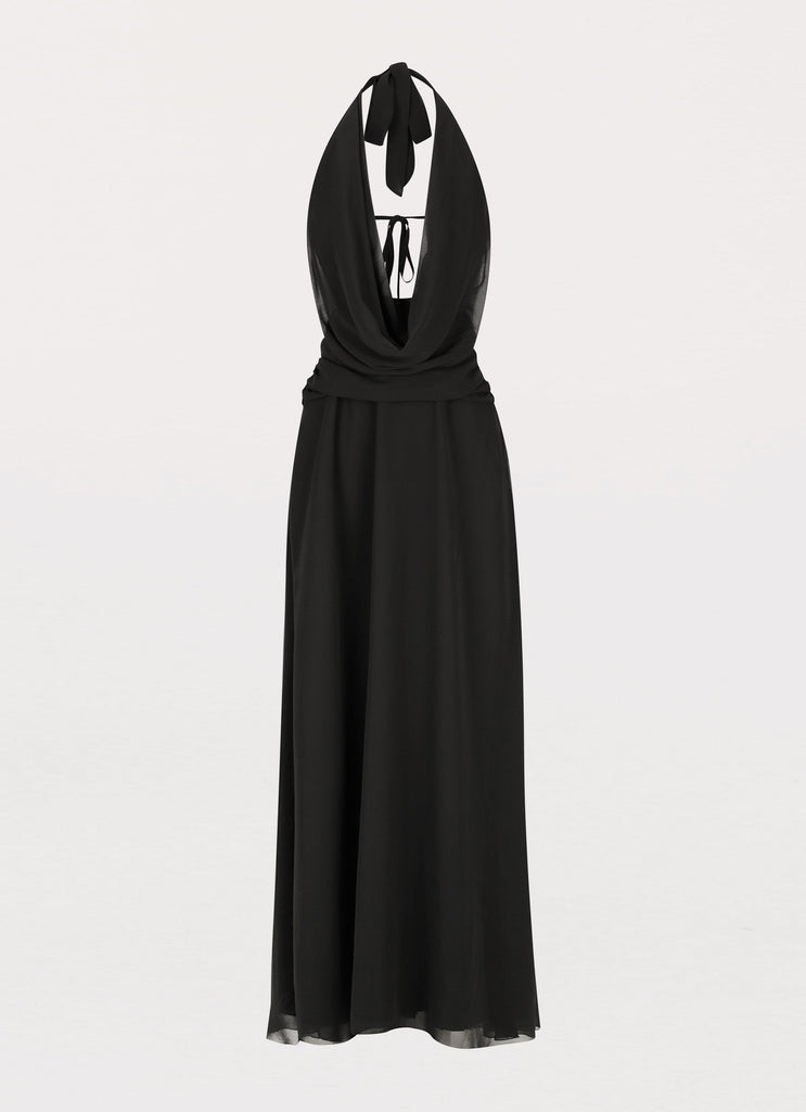 Womens Elysia Chiffon Maxi Dress in the colour Black in front of a light grey background