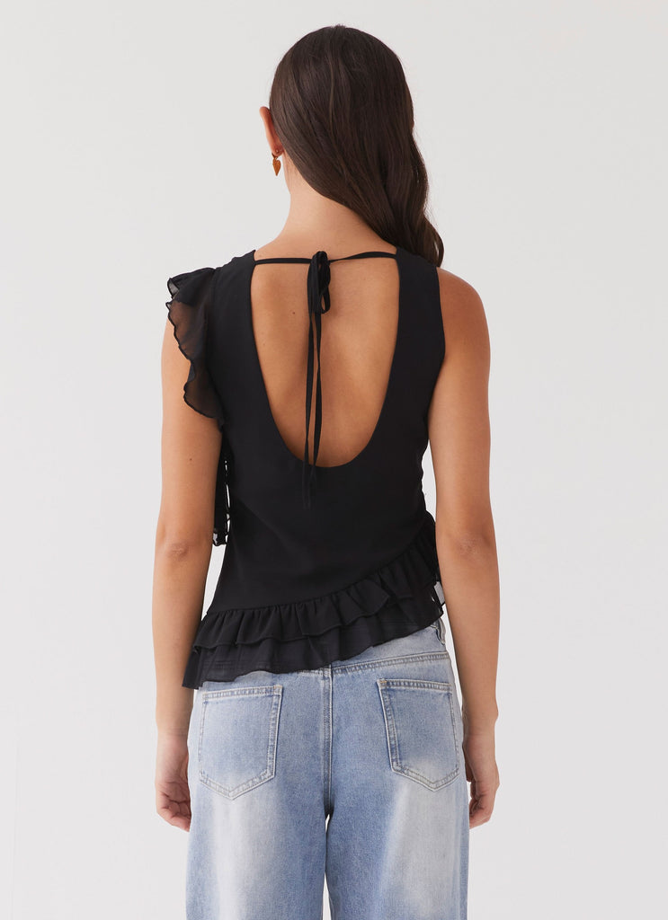 Womens Empress Frill Trim Top in the colour Black in front of a light grey background