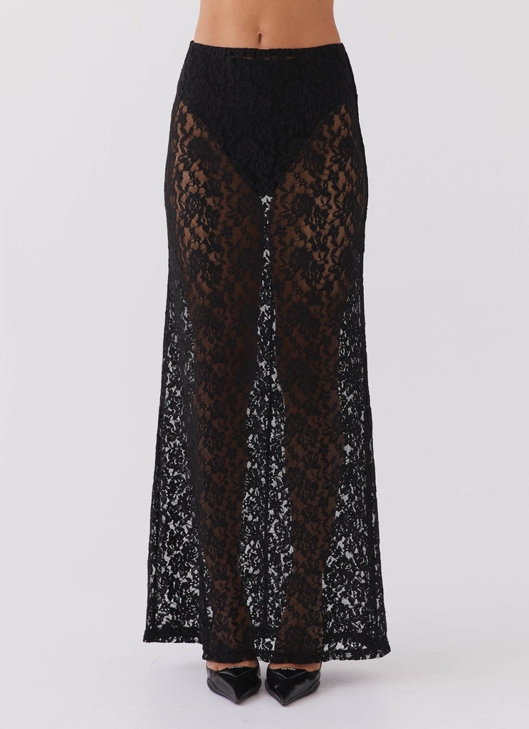 Womens Zephyra Lace Maxi Skirt in the colour Black in front of a light grey background