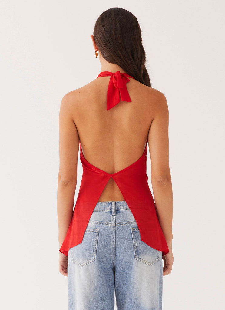 Womens At Last Halterneck Top in the colour Rouge Red in front of a light grey background