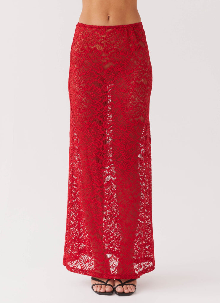 Womens Zephyra Lace Maxi Skirt in the colour Red in front of a light grey background