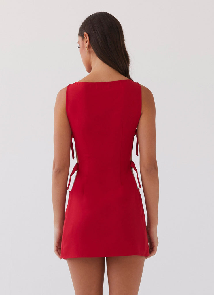 Womens Cherish You Buckle Mini Dress in the colour Red in front of a light grey background